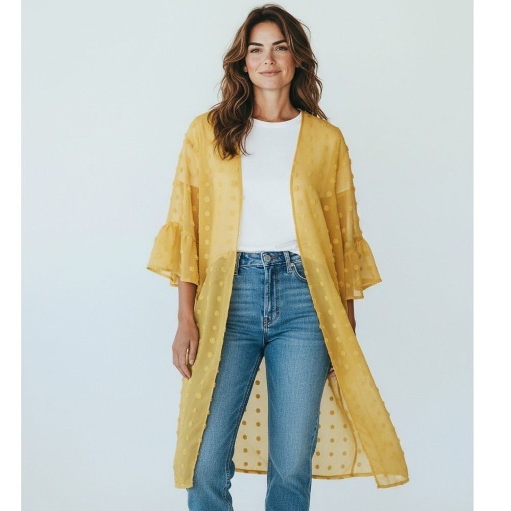 Amaryllis Mustard Yellow Swiss Dot Sheer Bell Sleeve Kimono Cardigan M/L
